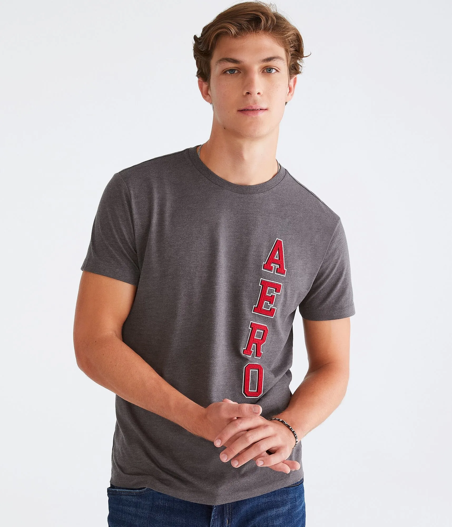 Aeropostale Mens' Vertical Applique Graphic Tee - Dark Grey - Size XL - Cotton - Teen Fashion & Clothing Charcoal Heather Grey