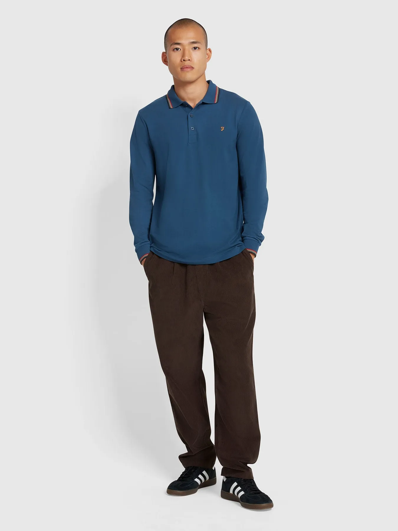 Alvin Tipped Collar Long Sleeve Polo Shirt In Deep Blue