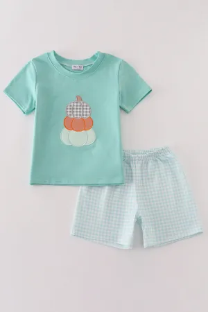 Blue pumpkin applique plaid boy set