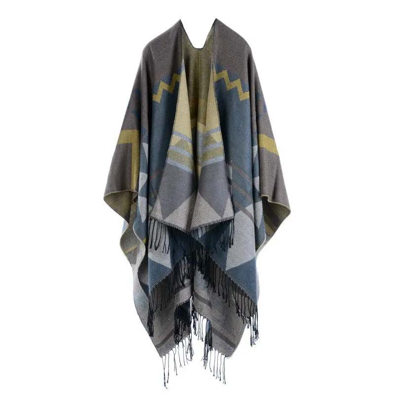 Bohemian fringed long cloak thick imitation cashmere autumn and winter travel slit shawl