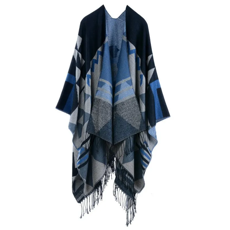 Bohemian fringed long cloak thick imitation cashmere autumn and winter travel slit shawl