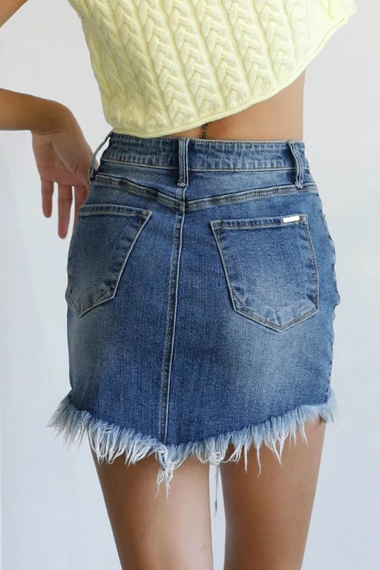 Bohemian High Waist Long Frayed Hem Mini Denim Skirt