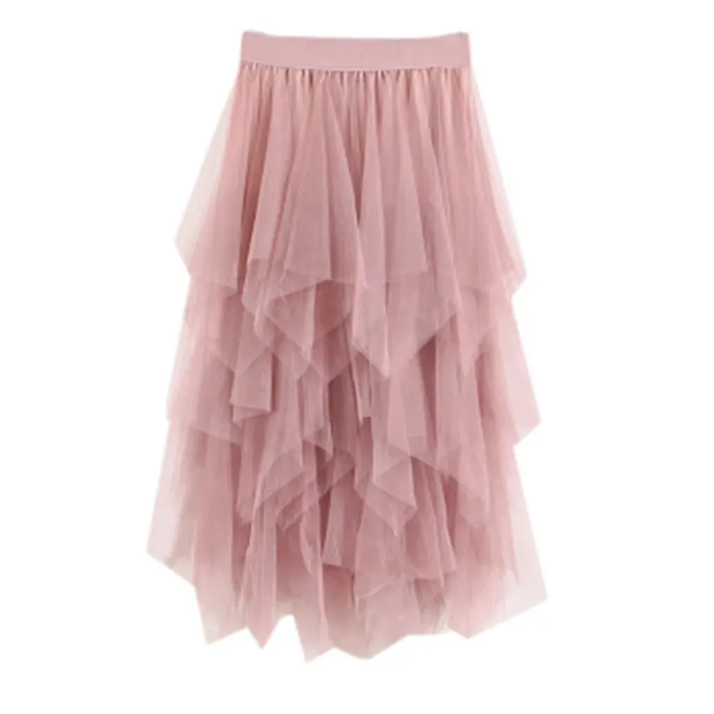 Bohemian Skirt Fashion Irregular Tulle Skirt Solid Color Streetwear High Waist Midi Mesh New Skirt