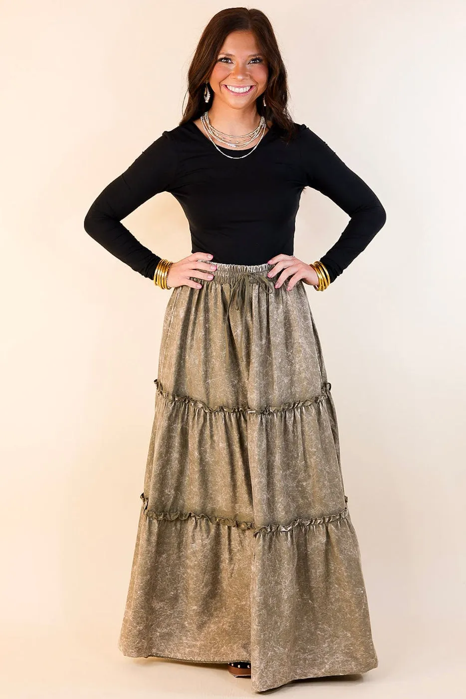 Boho Bliss Acid Wash Tiered Ruffle Maxi Skirt in Olive Green