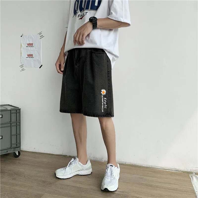 Bonsir  summer denim shorts men's trendy straight baggy pants casual versatile handsome five point pants streetwear gym