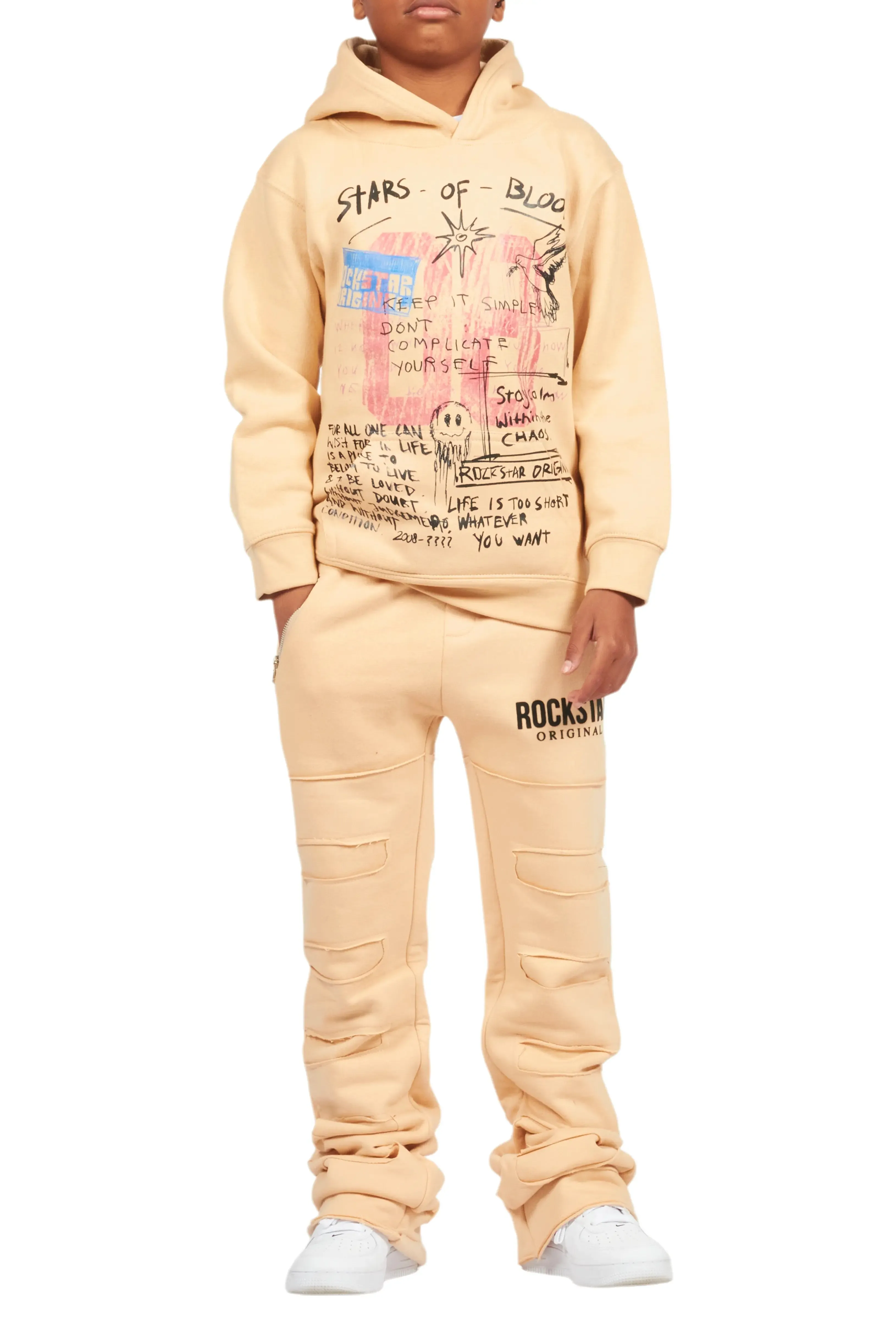 Boys Emilio Beige Stacked Flare Track Pant