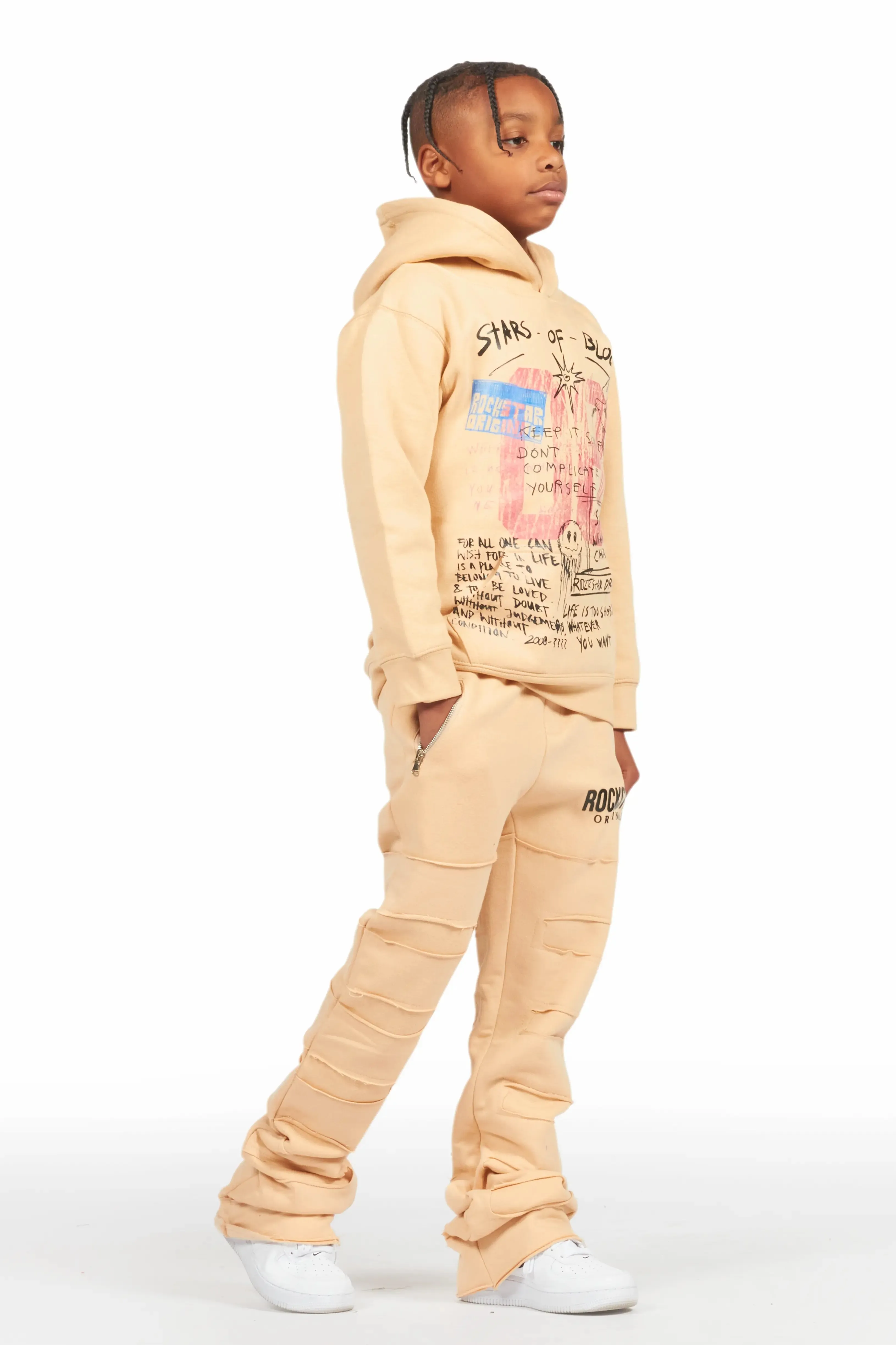 Boys Emilio Beige Stacked Flare Track Pant