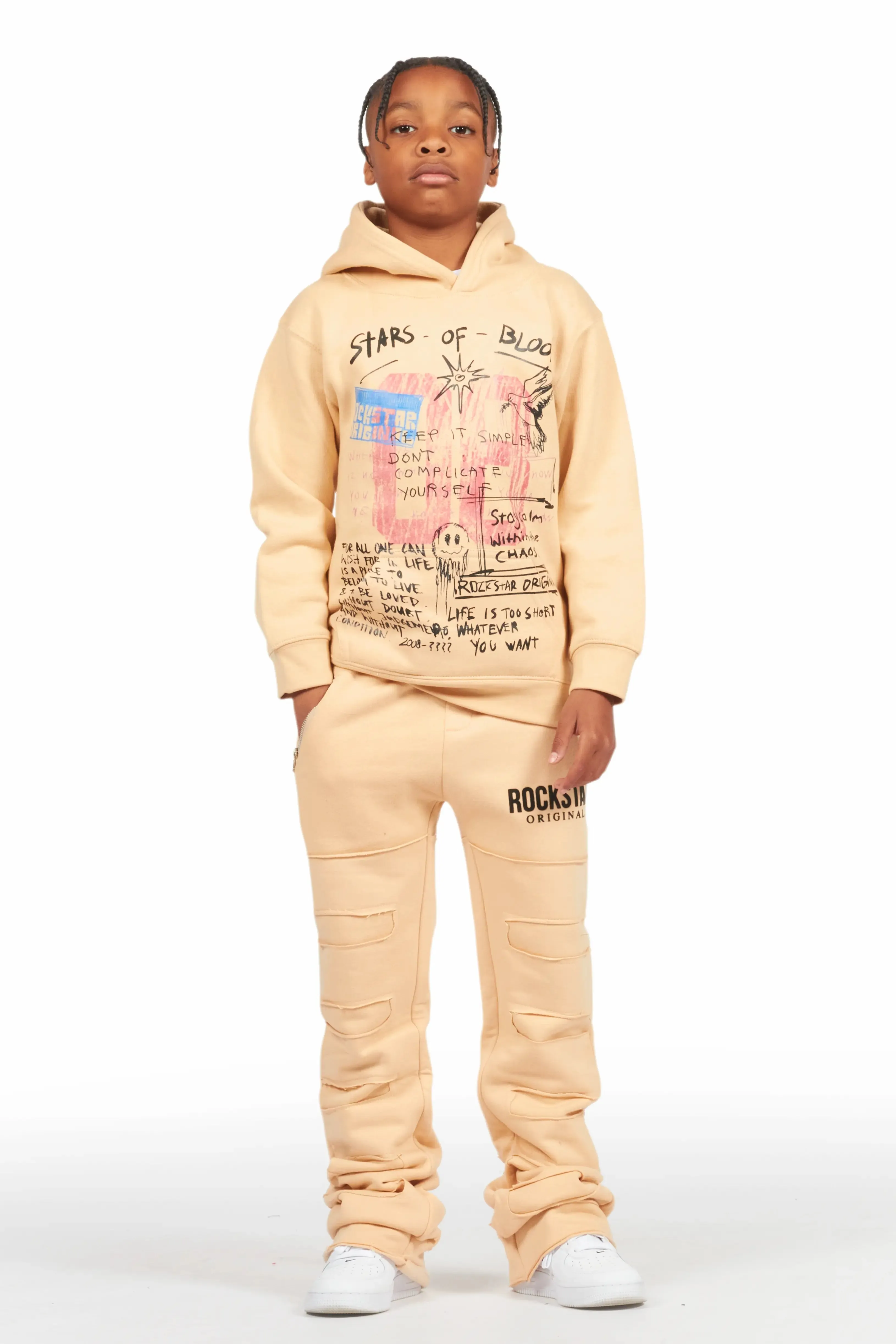 Boys Emilio Beige Stacked Flare Track Pant