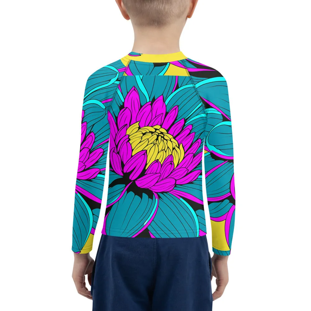 Boy's Pop Art BJJ Long Sleeve Rash Guards - Roy Lichtenstein Inspired Dahlia Print 001