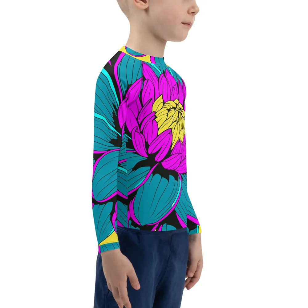 Boy's Pop Art BJJ Long Sleeve Rash Guards - Roy Lichtenstein Inspired Dahlia Print 001