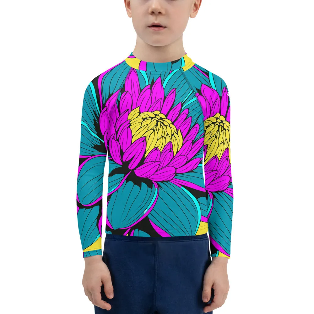 Boy's Pop Art BJJ Long Sleeve Rash Guards - Roy Lichtenstein Inspired Dahlia Print 001