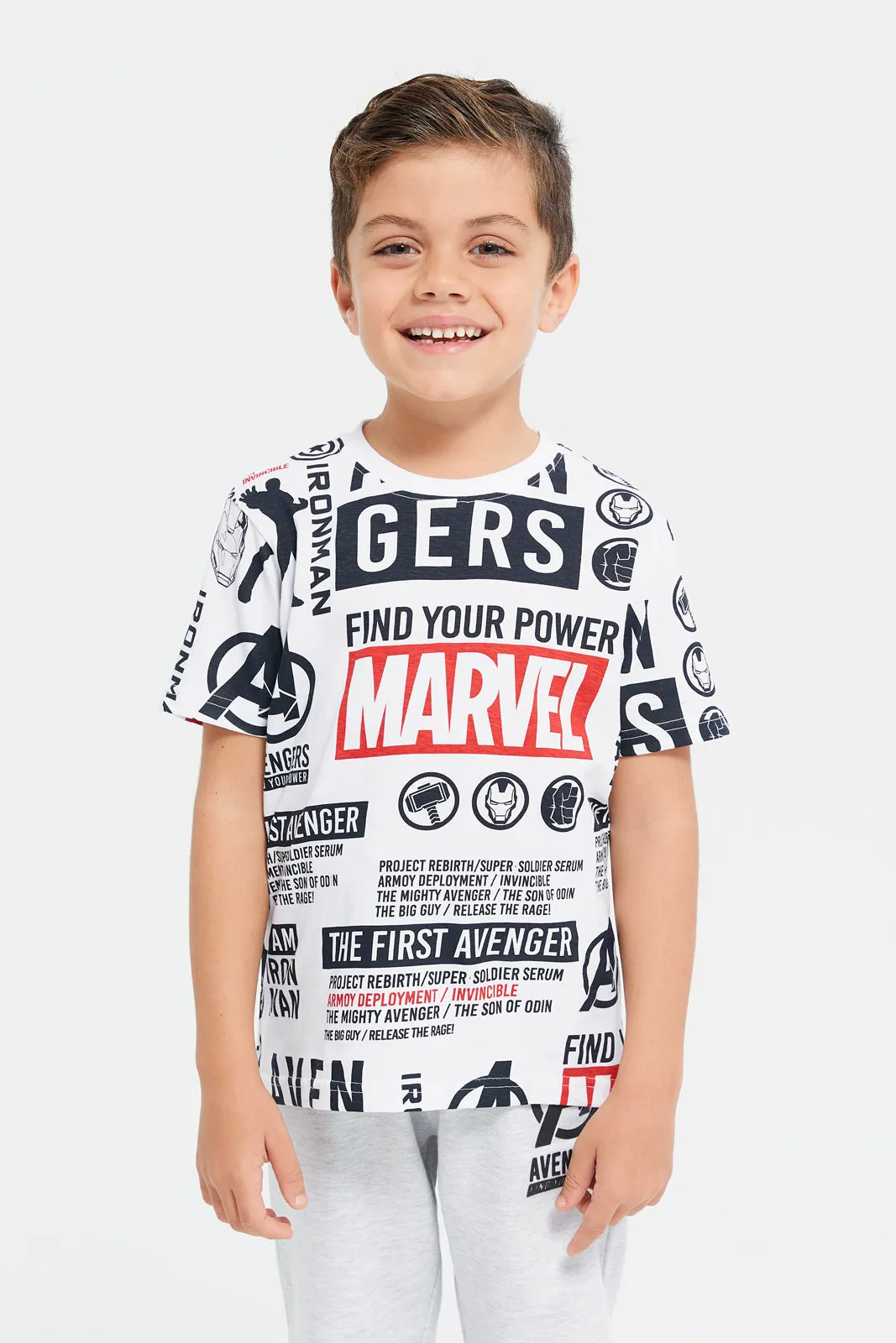 Boys White And Grey Avengers Pyjama Set (2 Peice)