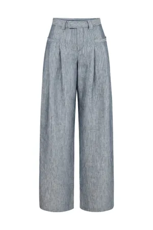 CANDICE NAVY LINEN-BLEND STRIPED PANTS