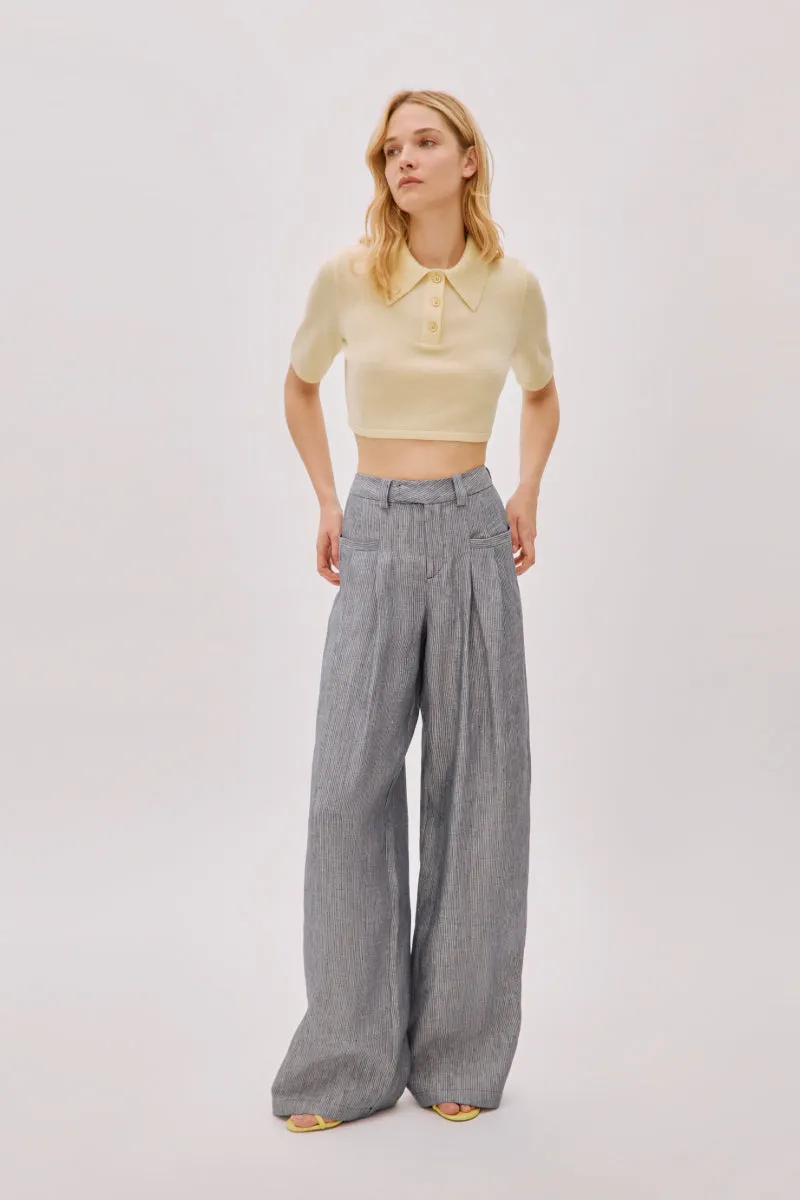 CANDICE NAVY LINEN-BLEND STRIPED PANTS