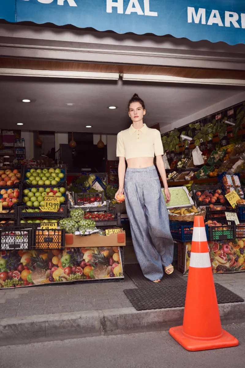 CANDICE NAVY LINEN-BLEND STRIPED PANTS