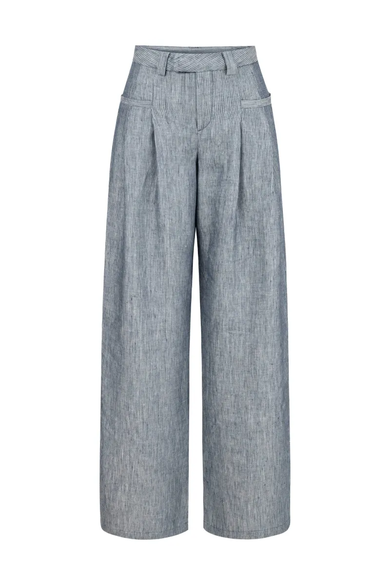 CANDICE NAVY LINEN-BLEND STRIPED PANTS