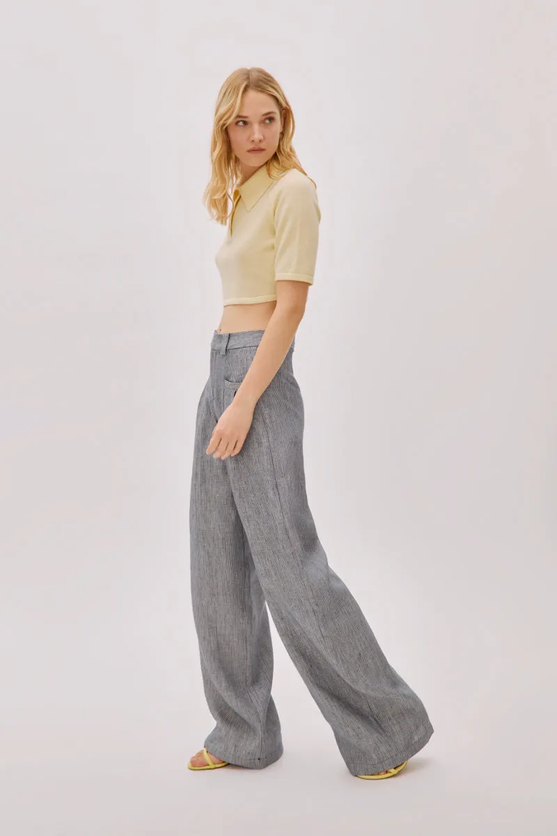 CANDICE NAVY LINEN-BLEND STRIPED PANTS