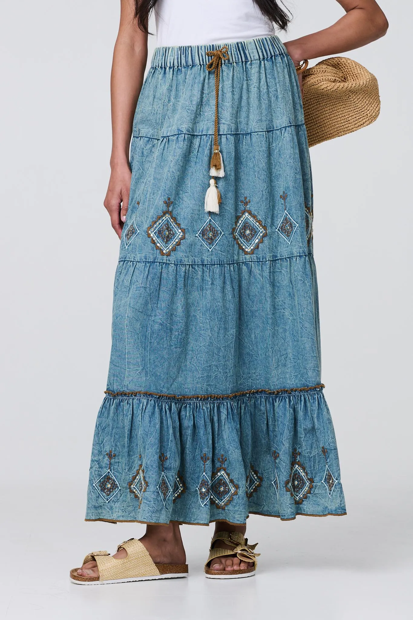 Embroidered Tiered Tassel Waist Maxi Skirt