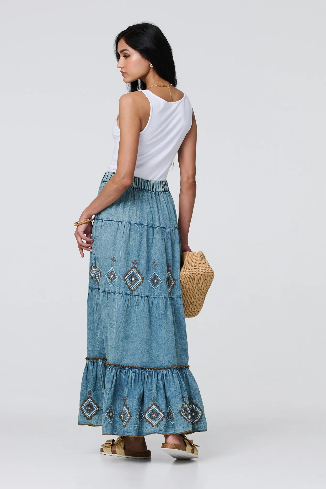 Embroidered Tiered Tassel Waist Maxi Skirt