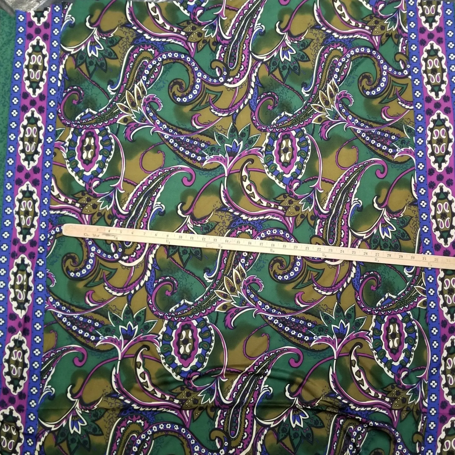 End of BOlt: 3 yards of Designer Deadstock Silk Jersey Border Green and Blue Bohemian Abstract Print Knit-remnant