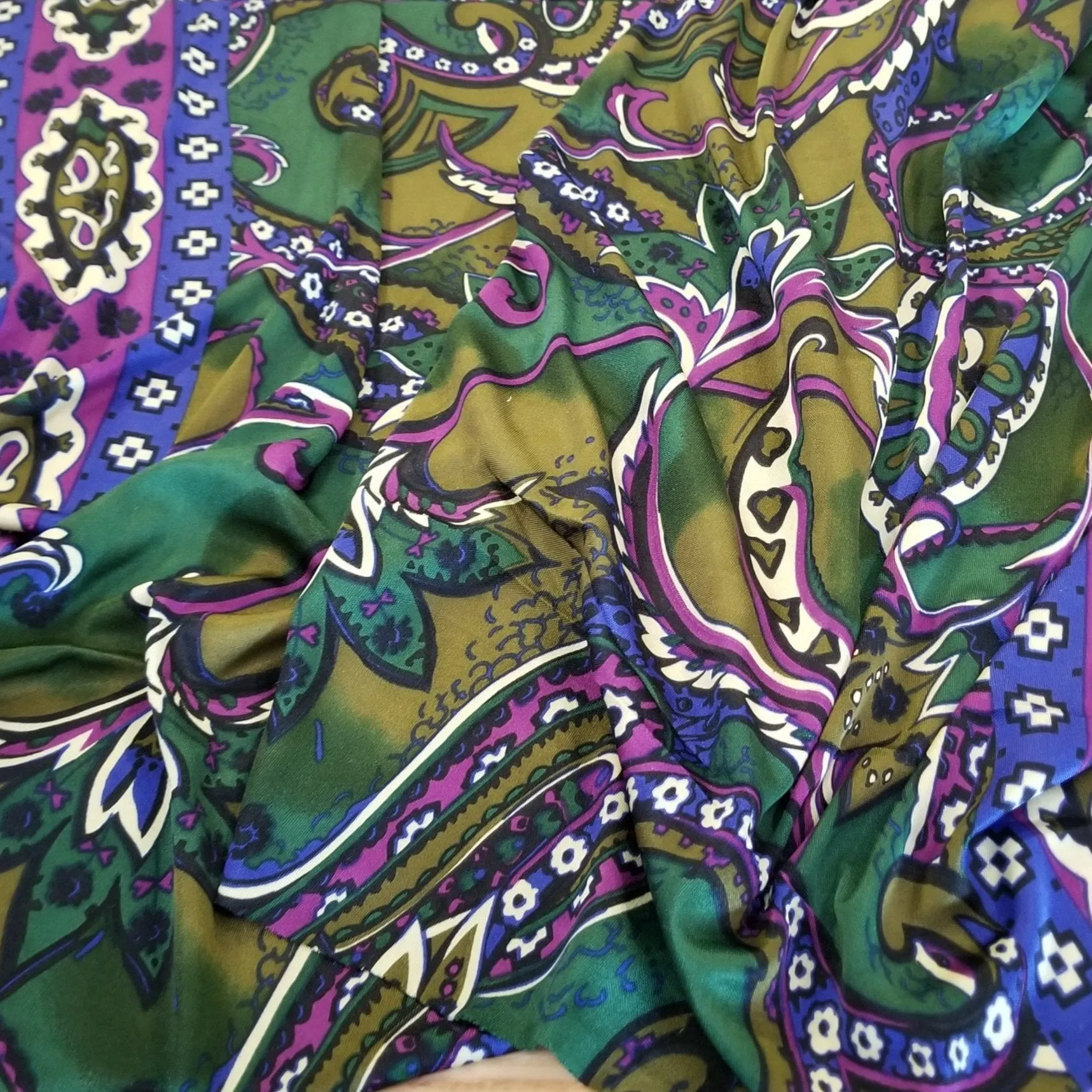 End of BOlt: 3 yards of Designer Deadstock Silk Jersey Border Green and Blue Bohemian Abstract Print Knit-remnant