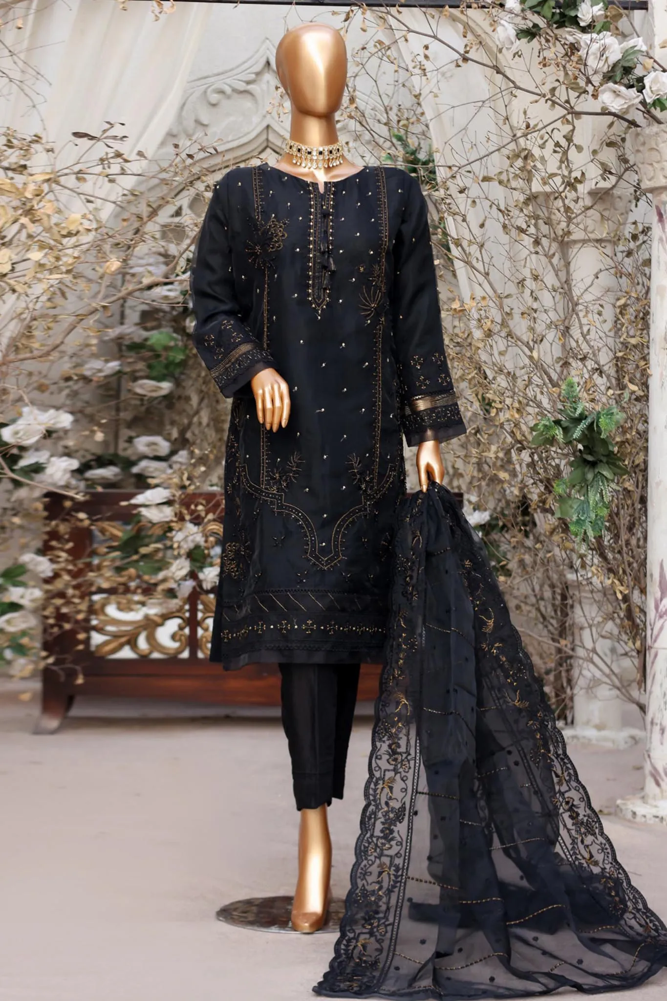 Falsafaa by HZ Ready To Wear 3 Piece Embroidered Organza Collection'2024-HZK-97-Black