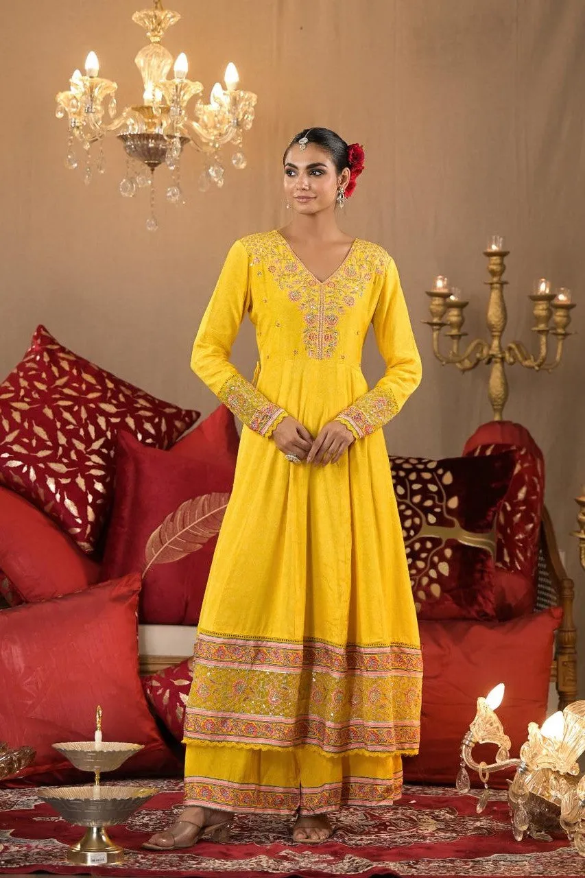 Festive Yellow Embroidered German Silk Anarkali Set