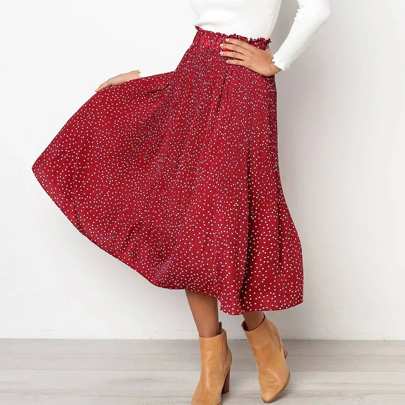 Floral Print Skirt with White Dots and Elastic Side Pockets