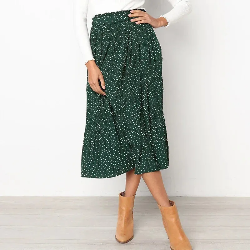 Floral Print Skirt with White Dots and Elastic Side Pockets