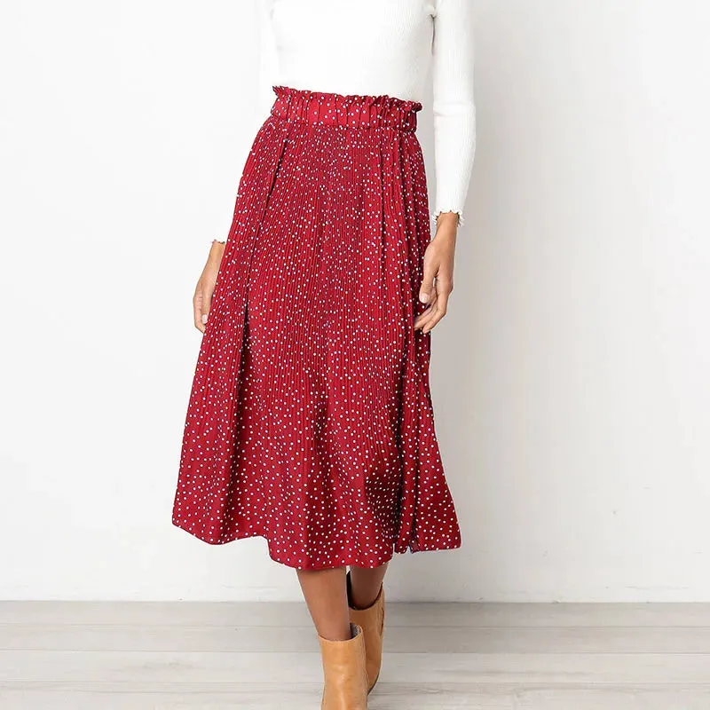 Floral Print Skirt with White Dots and Elastic Side Pockets