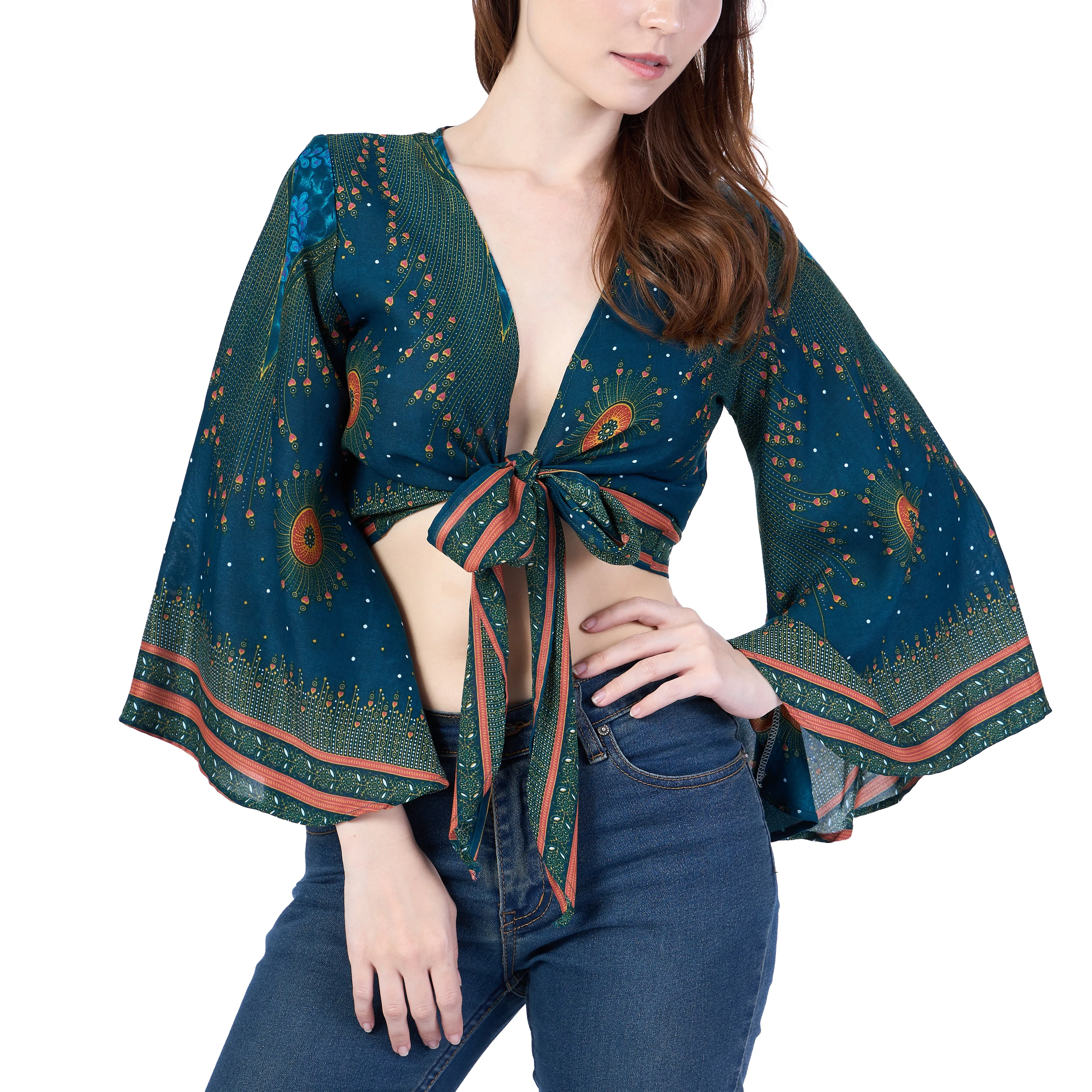 Flower Eye Women Boho Wrap Top - Casual Shirt - Teal