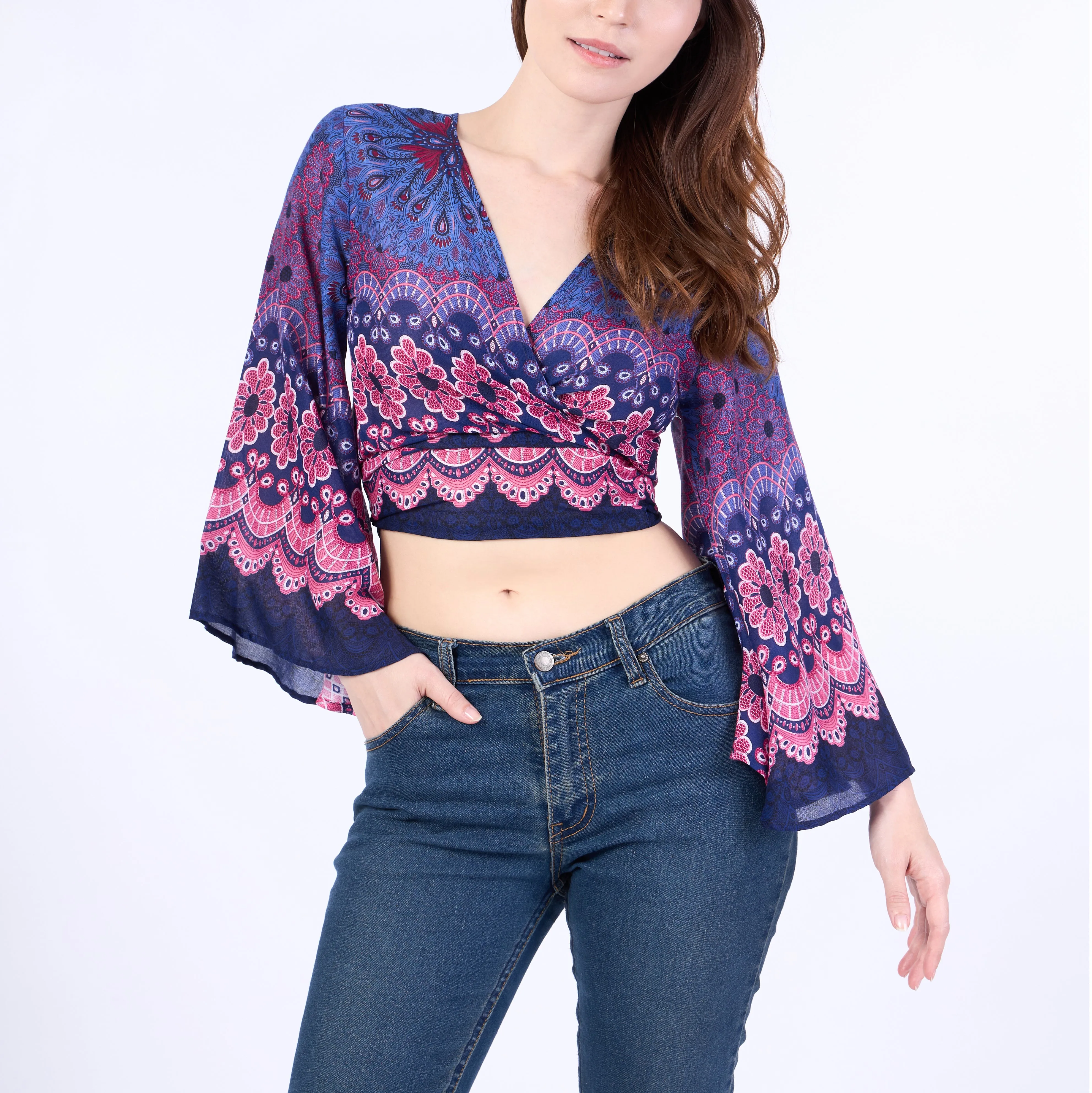 Flower Mandala Women Boho Wrap Top - Casual Shirt - Dark Blue