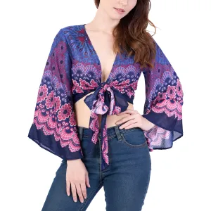 Flower Mandala Women Boho Wrap Top - Casual Shirt - Dark Blue