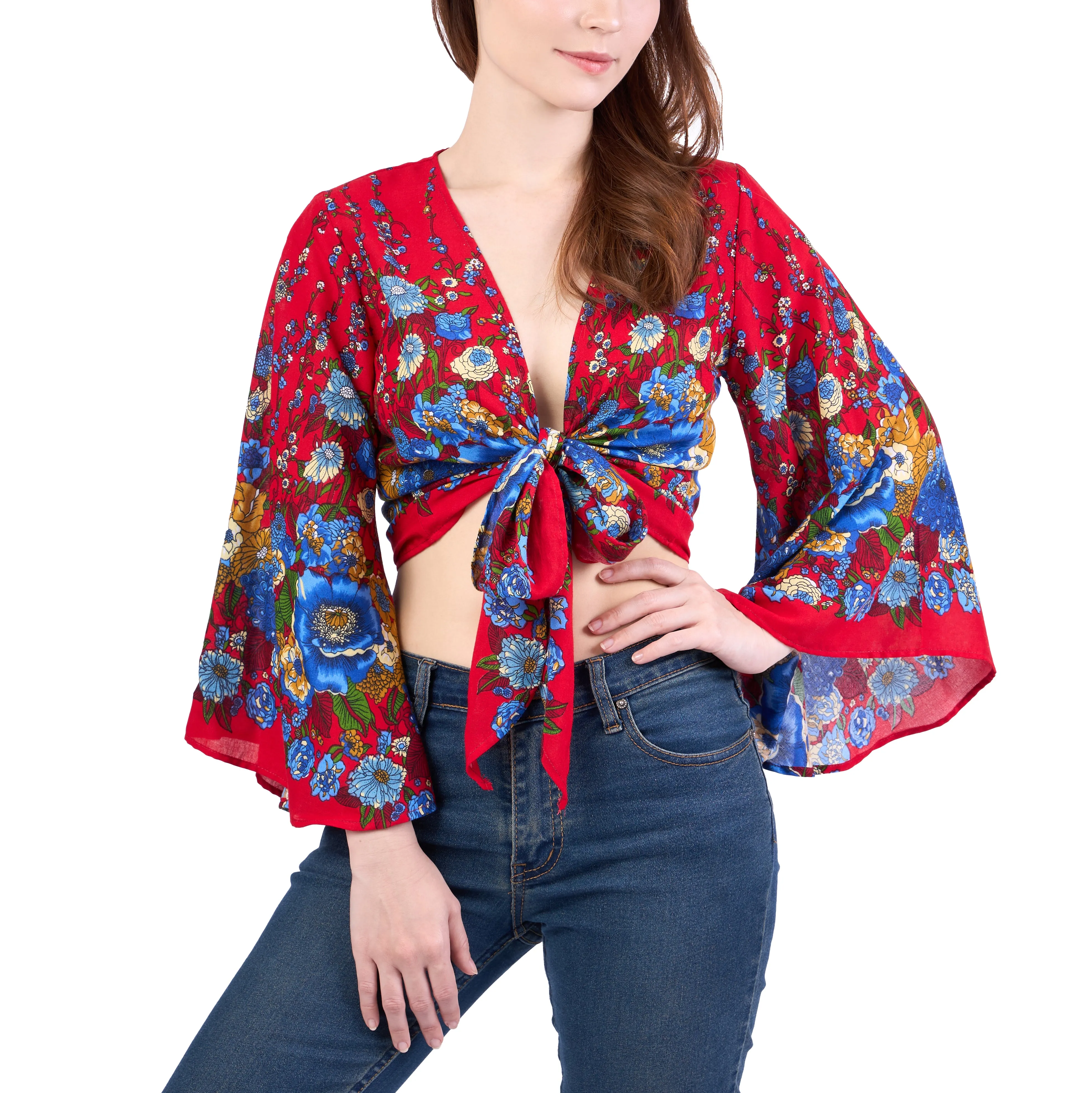 Flower Women Boho Wrap Top - Casual Shirt - Red