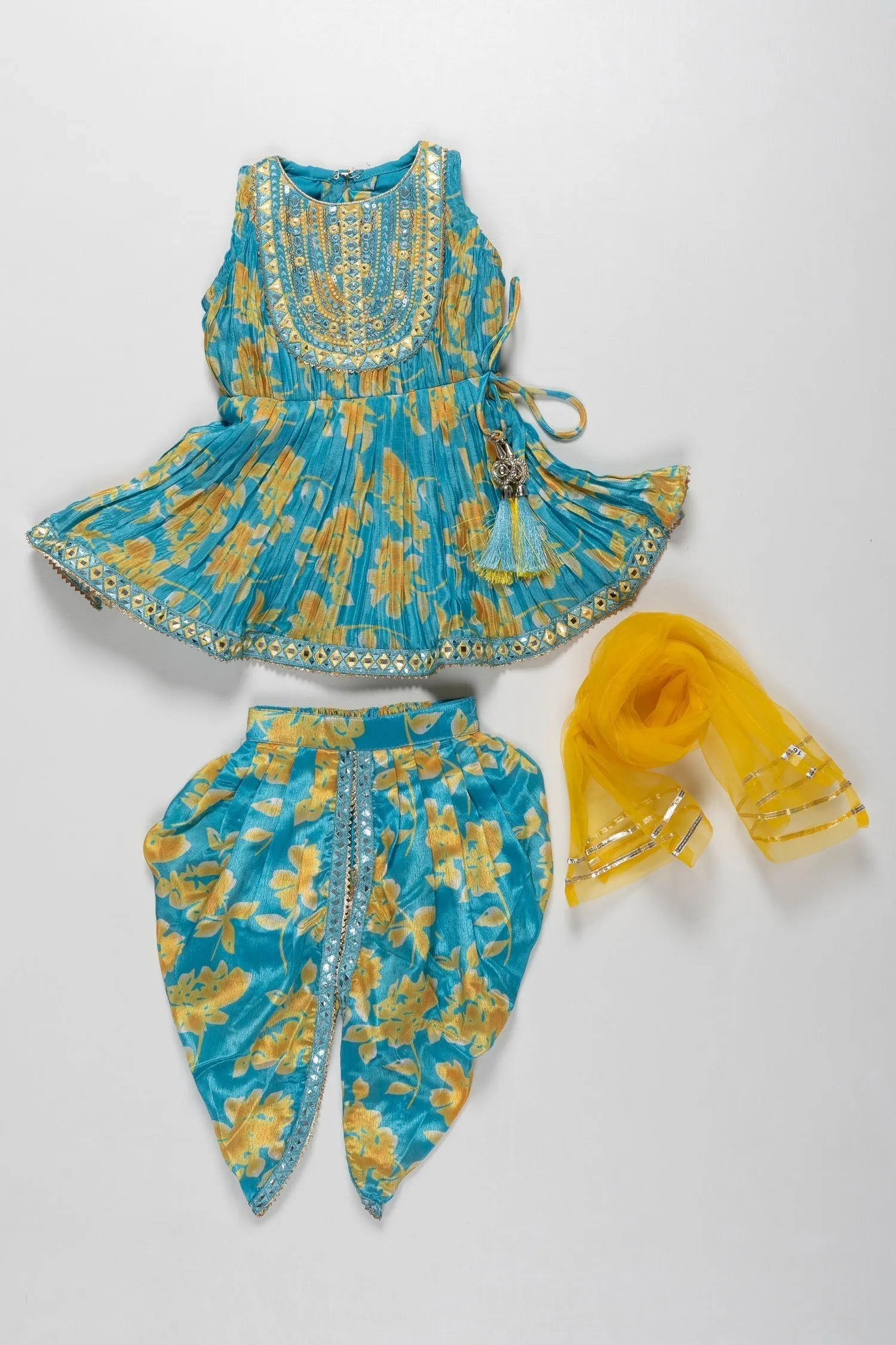 Girls Sunshine Blue Kurti with Dhoti Pant Set - Vibrant and Versatile