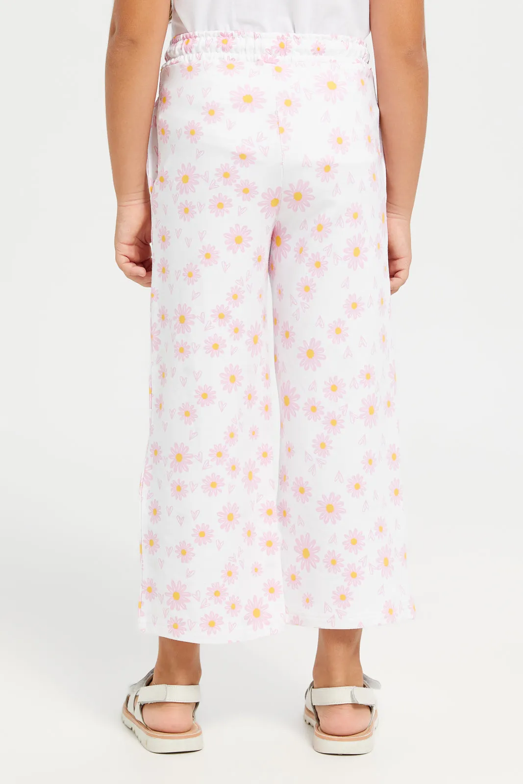 Girls White Printed Wide Leg Track Pants