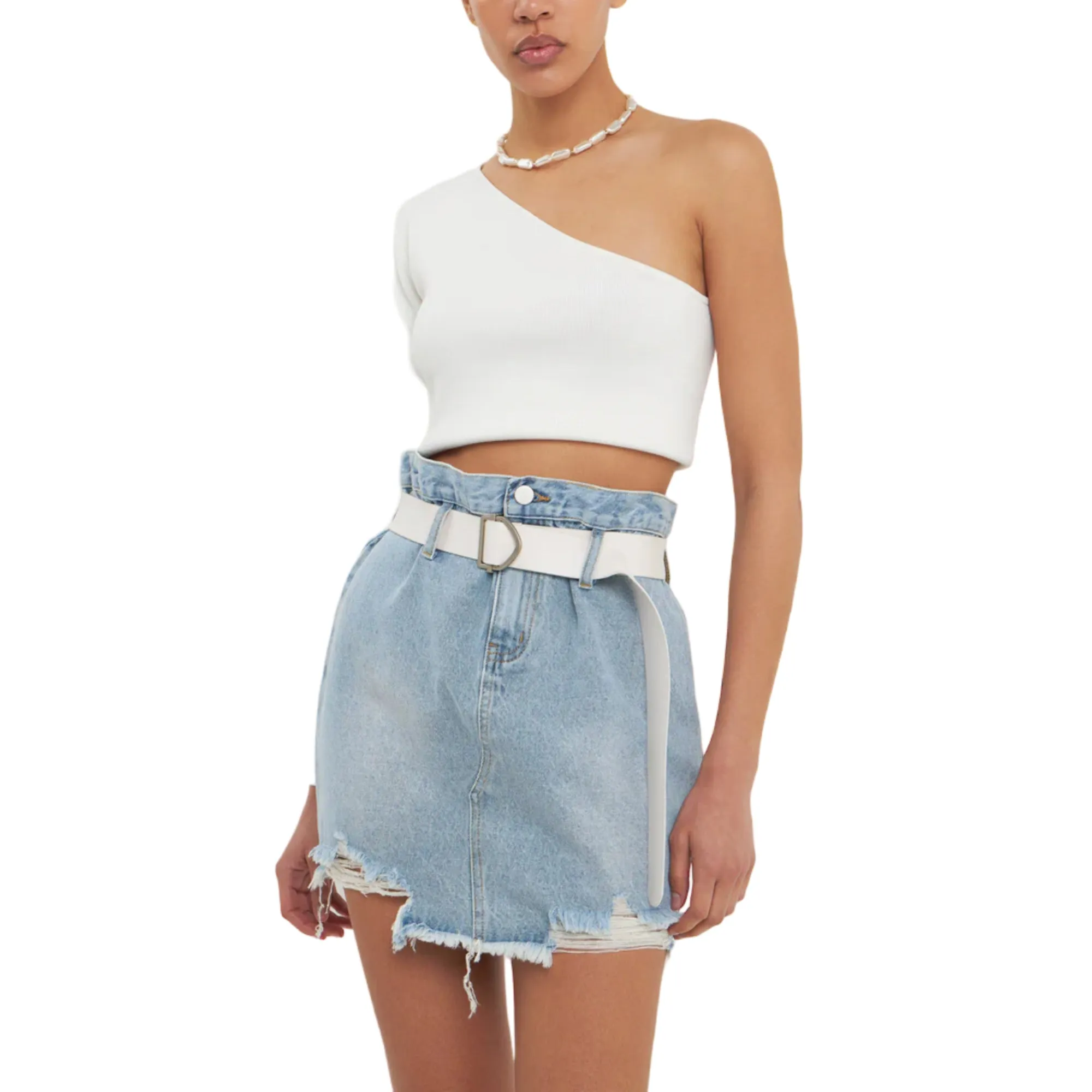 GREY LAB Women's High Rise Belted Frayed Hem Denim Mini Skirt