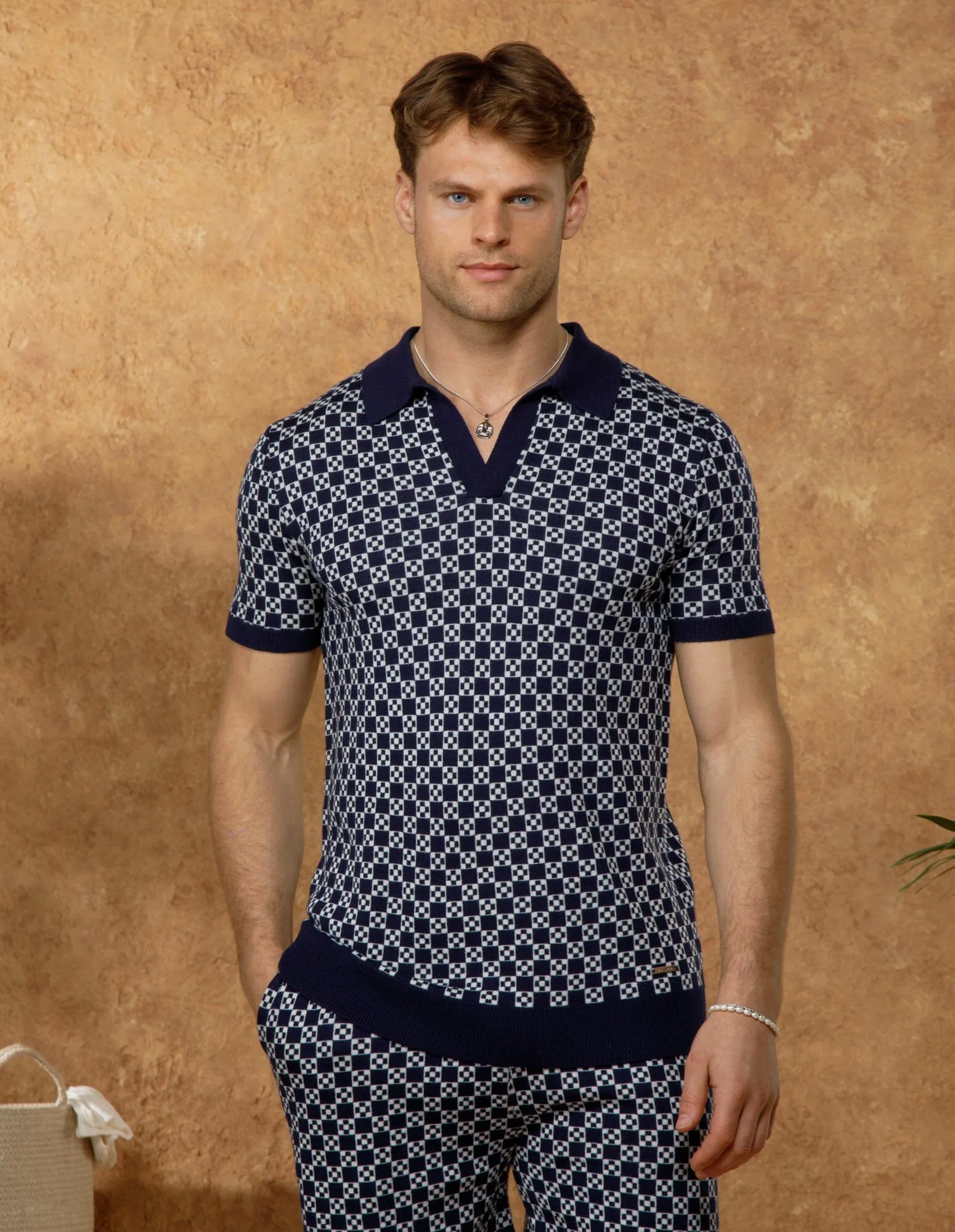 Navy Block Print Cuban Collar