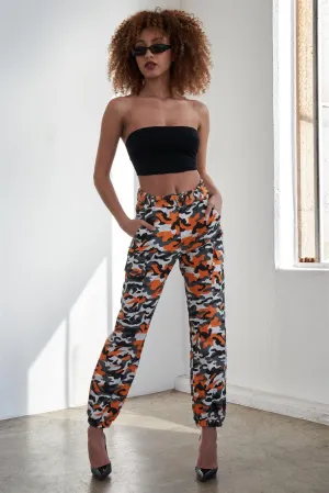 Orange Camouflage Belted High Waist Cargo Pants