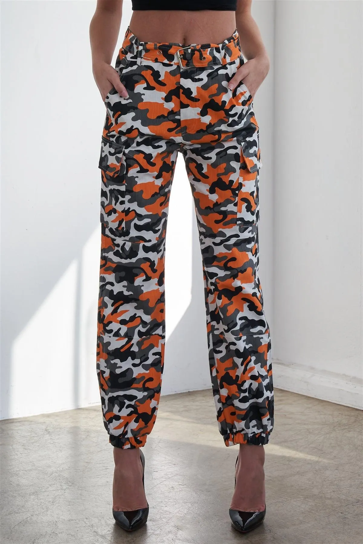 Orange Camouflage Belted High Waist Cargo Pants