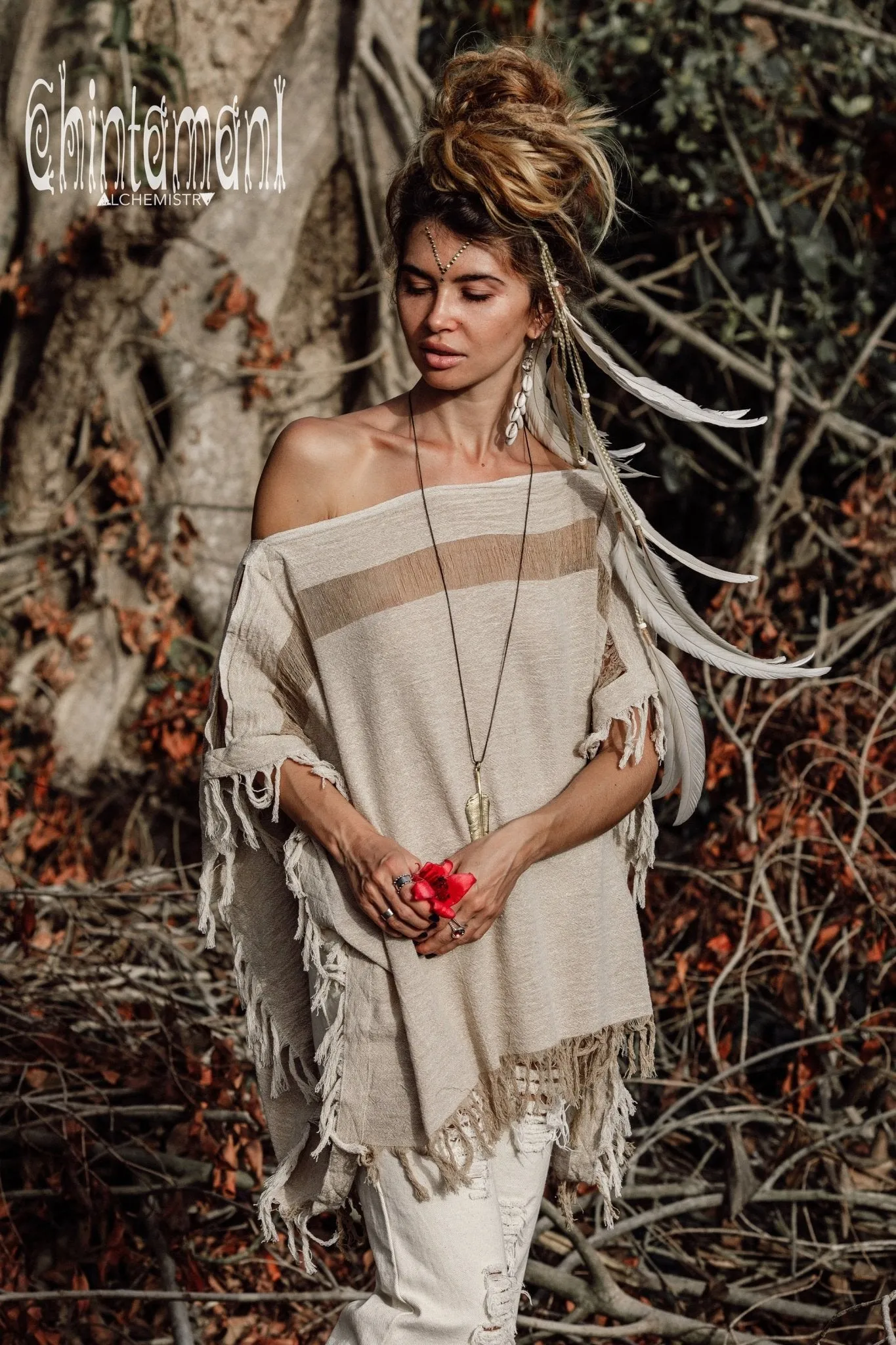 Raw Cotton Bohemian Poncho Top / Off Shoulder / Beige