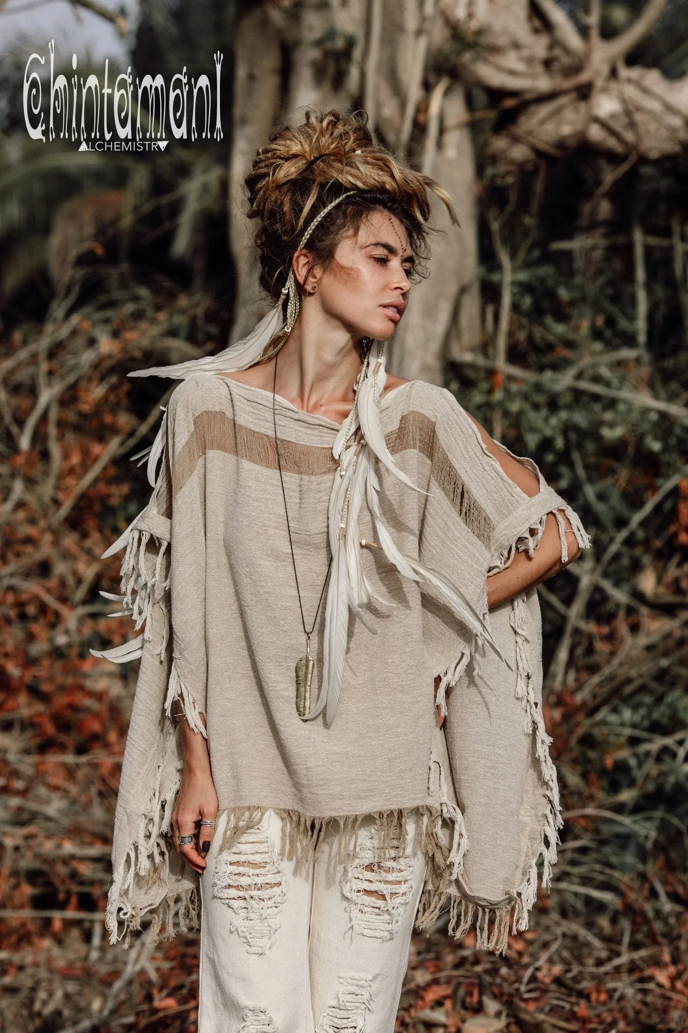 Raw Cotton Bohemian Poncho Top / Off Shoulder / Beige