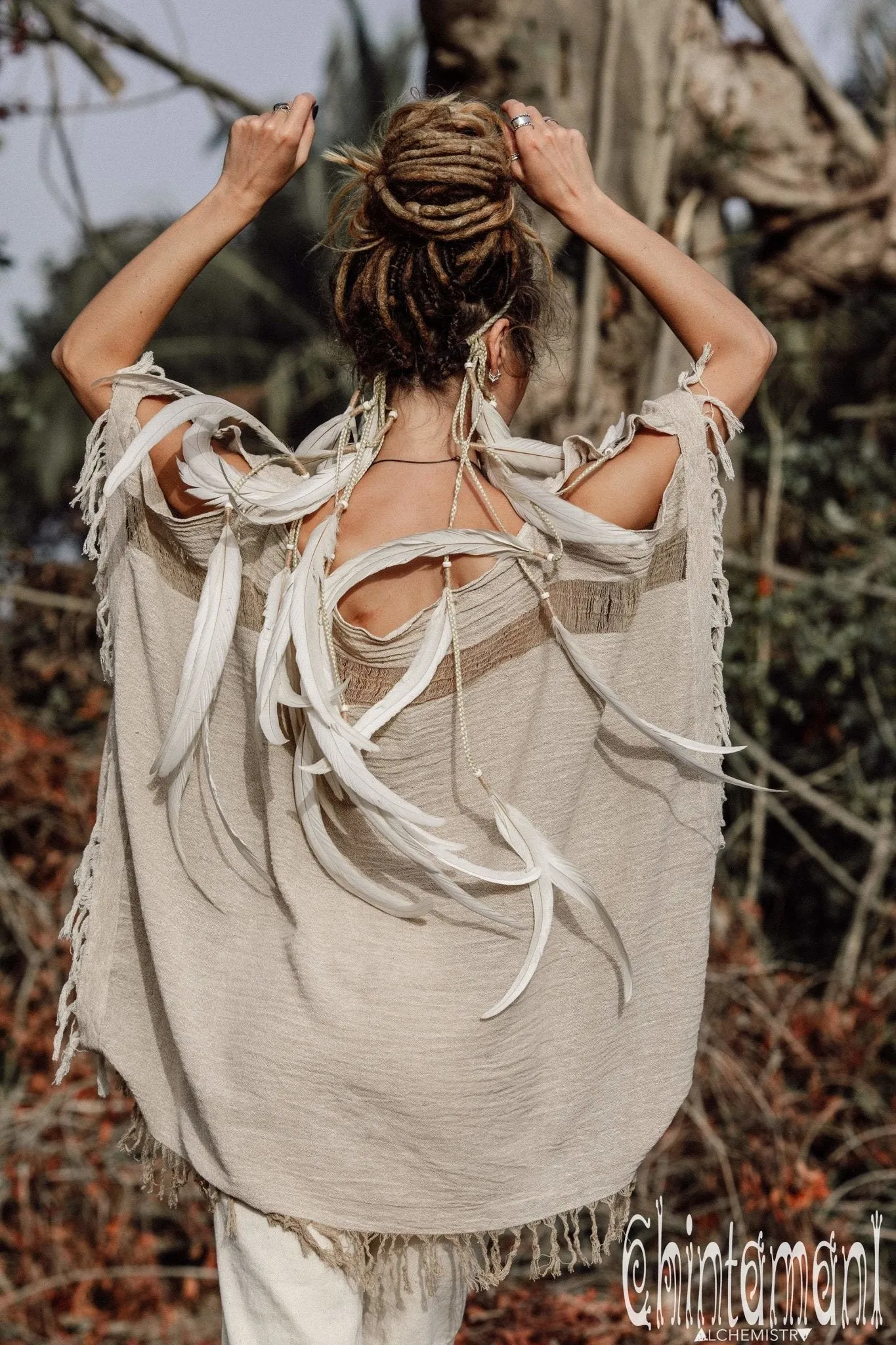 Raw Cotton Bohemian Poncho Top / Off Shoulder / Beige