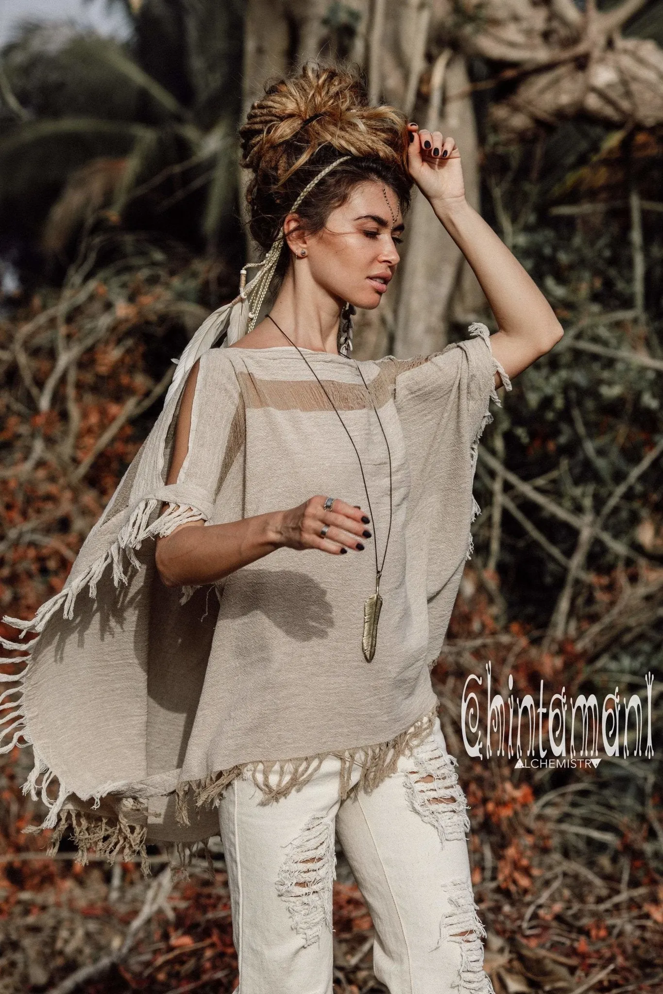 Raw Cotton Bohemian Poncho Top / Off Shoulder / Beige