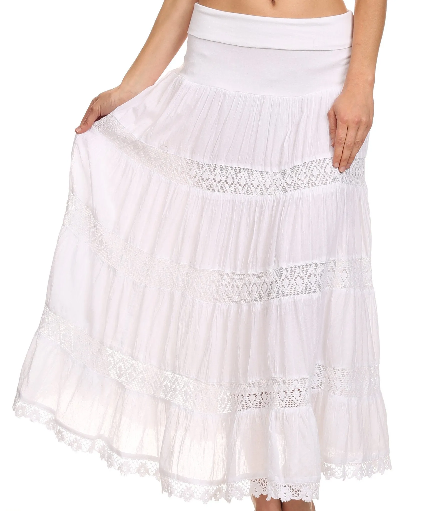 Sakkas Cassie Crochet Lace Trim Long Skirt With Fold-Over High Waistband