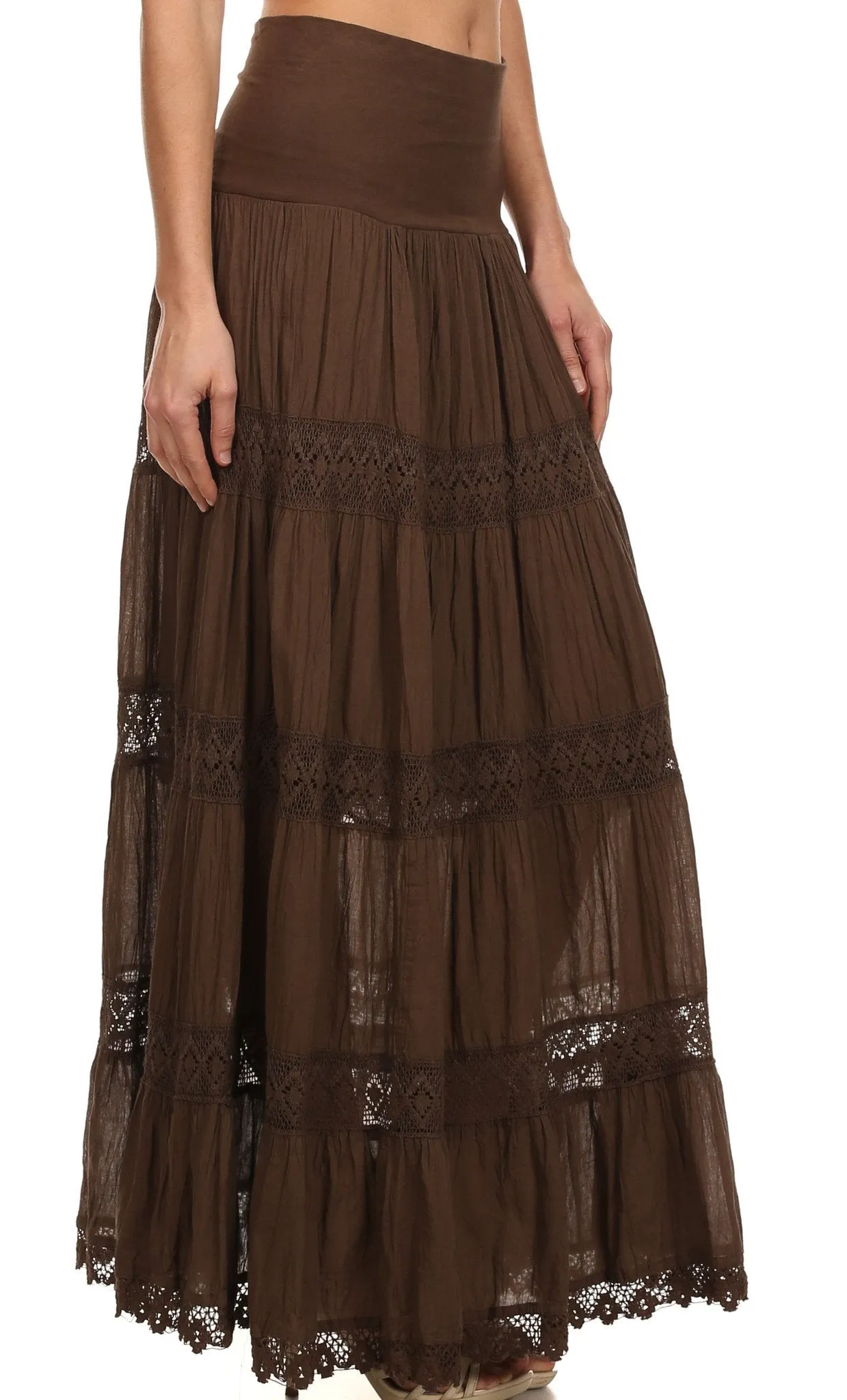 Sakkas Cassie Crochet Lace Trim Long Skirt With Fold-Over High Waistband