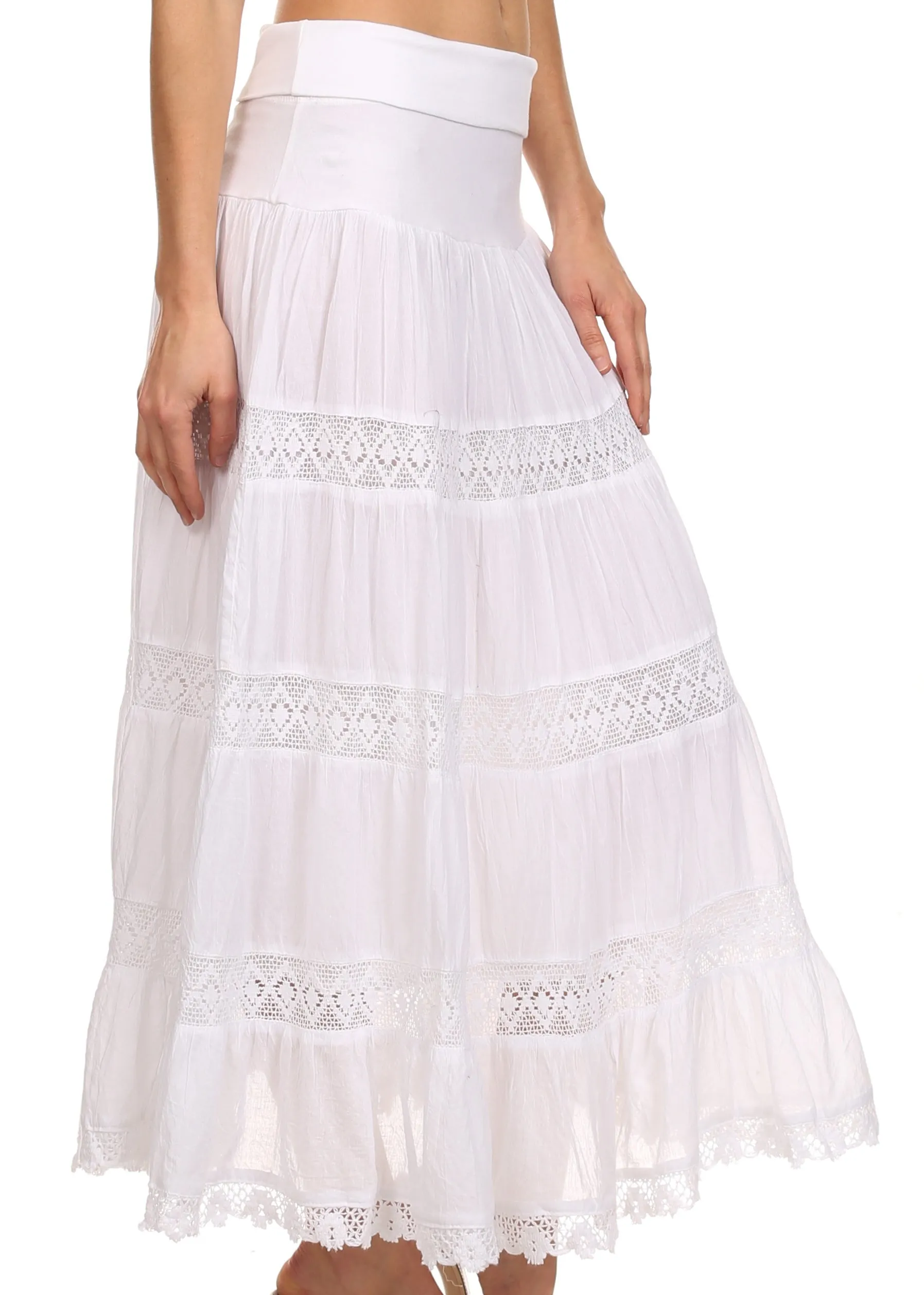 Sakkas Cassie Crochet Lace Trim Long Skirt With Fold-Over High Waistband