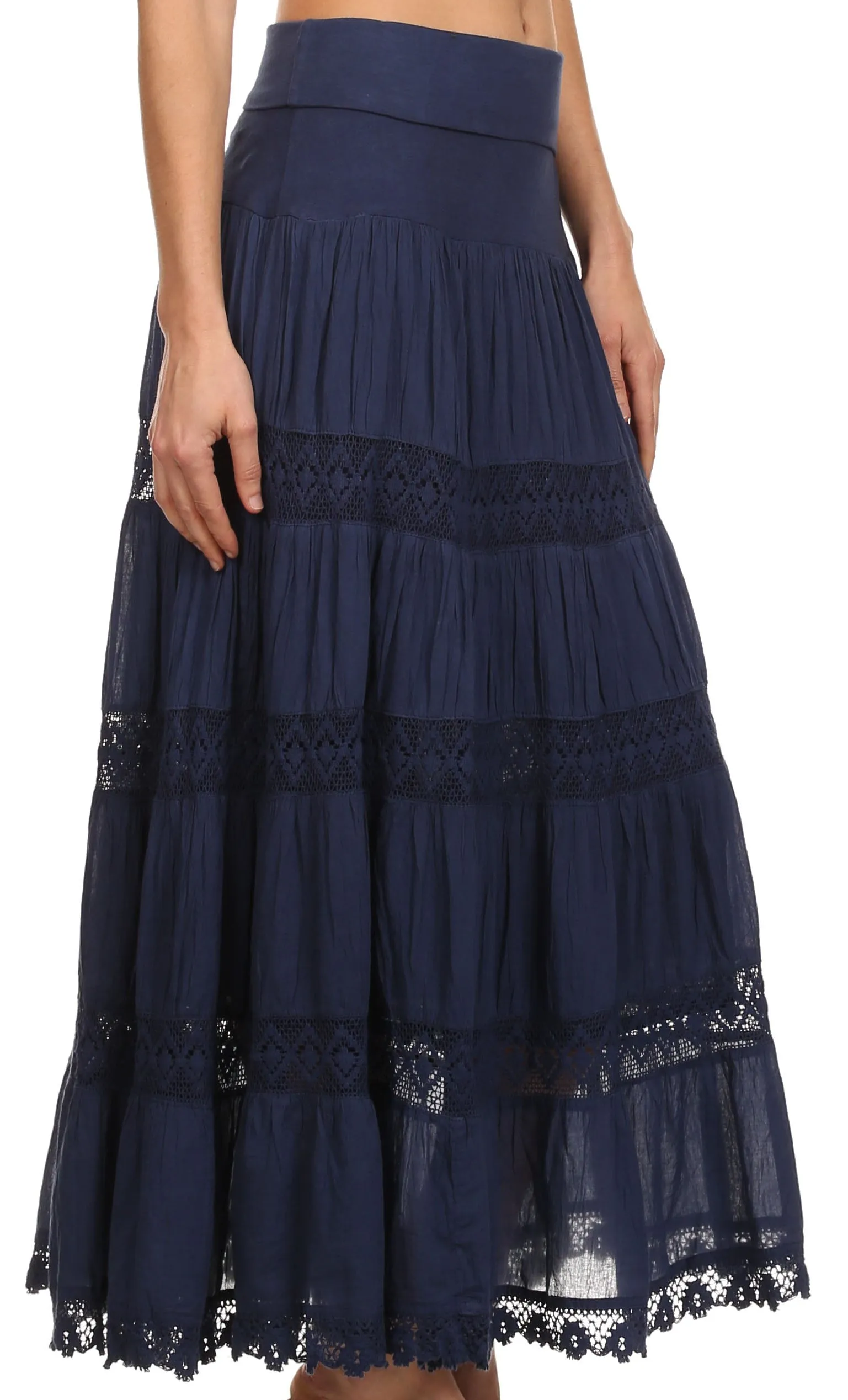 Sakkas Cassie Crochet Lace Trim Long Skirt With Fold-Over High Waistband