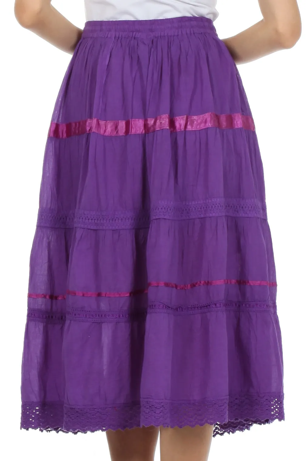 Sakkas Solid Embroidered Gypsy / Bohemian Mid Length Cotton Skirt