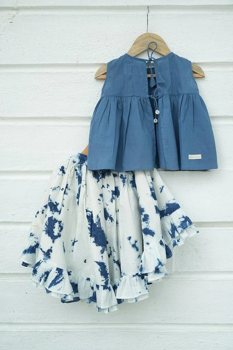 Set of 2 - 'Blue Sky’ top and high low tie and dye skirt in indigo